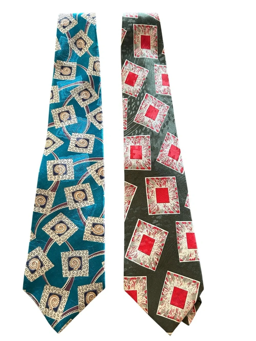 Men's Neckties - Teal & Olive - Each With Retro Square Pattern